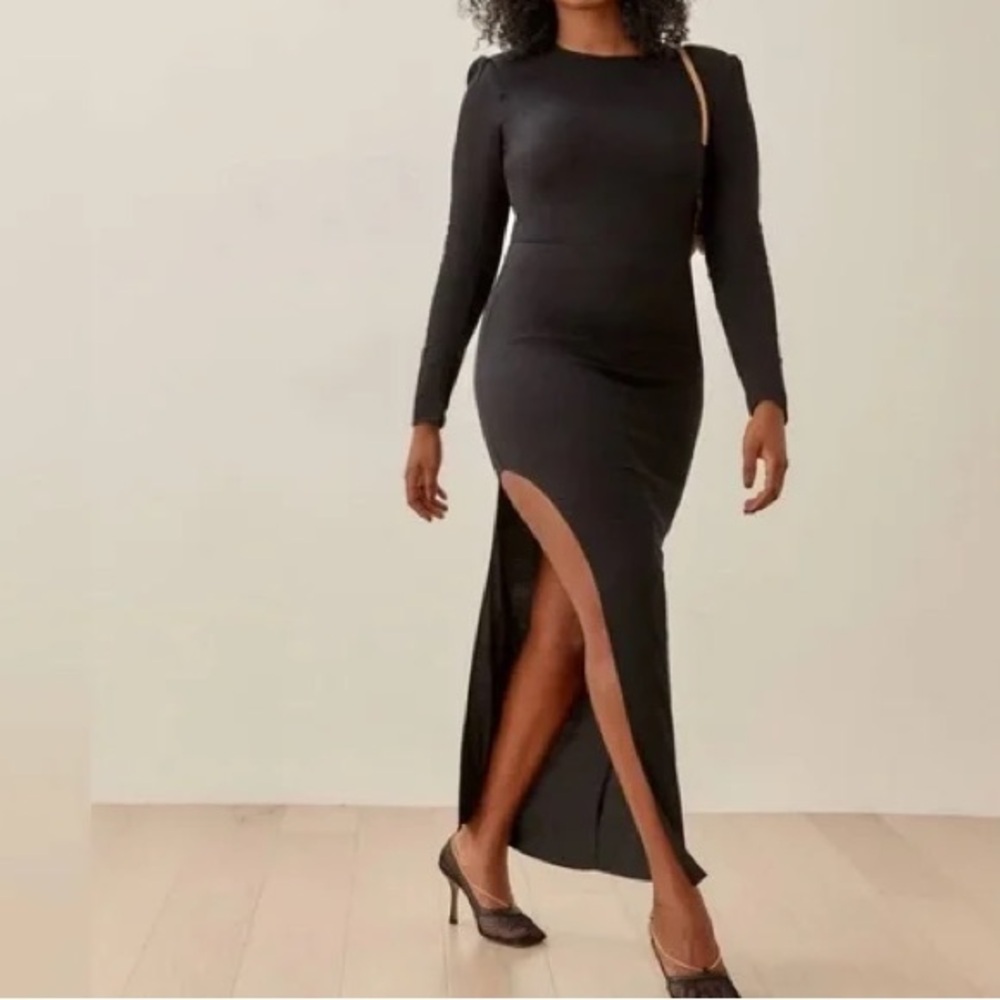 Reformation Black Long-Sleeve Side-Slit Maxi Dress